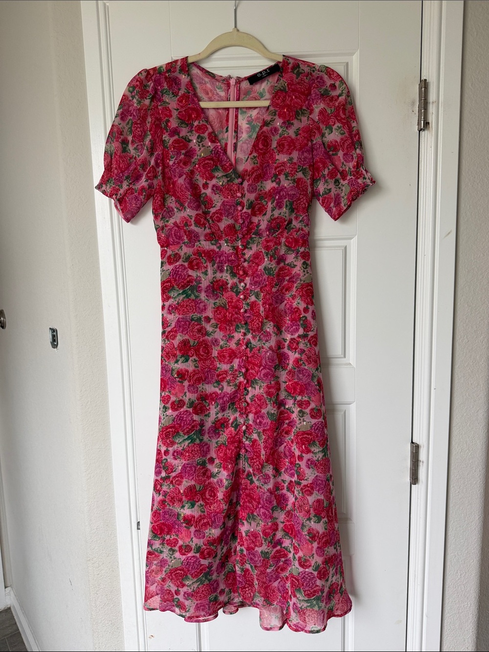 Bright Pink Floral V-Neck Midi Dress